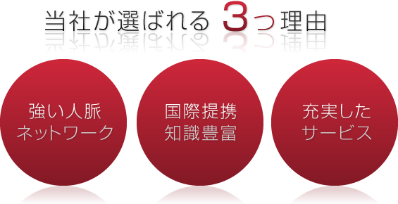 当社が選ばれる3つ理由　強い人脈ネットワーク　国際提携知識豊富　充実したサービス
